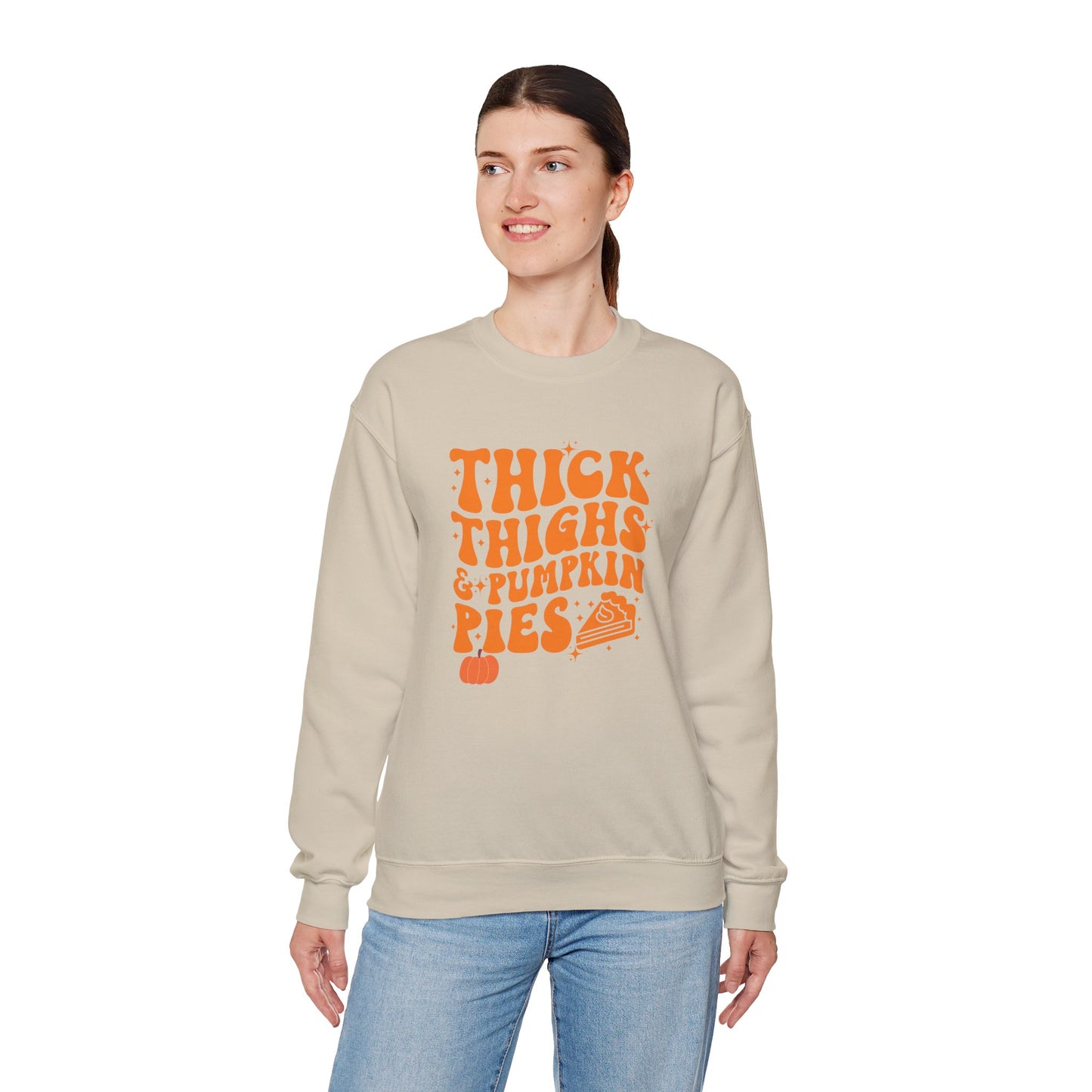 Thick Thighs & Pumpkin Pies Sweatshirt โ Funny Thanksgiving & Fall Crewneck