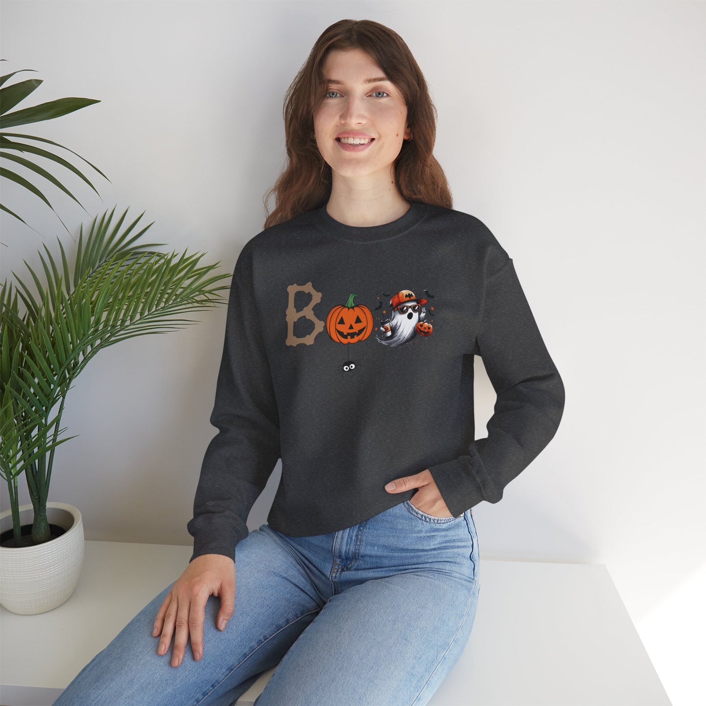 BOO Halloween Sweatshirt – Cute Ghost & Pumpkin Unisex Crewneck for Spooky Season