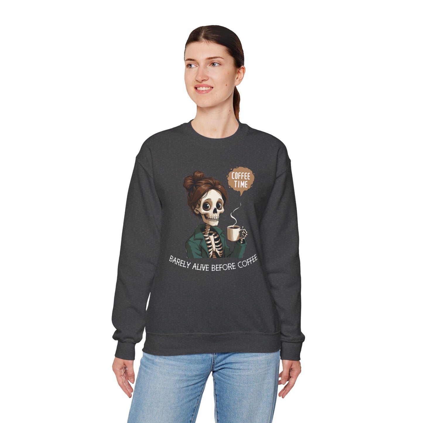 Coffee Time Skeleton Sweatshirt – Funny Barely Alive Before Coffee Crewneck for Coffee Lovers