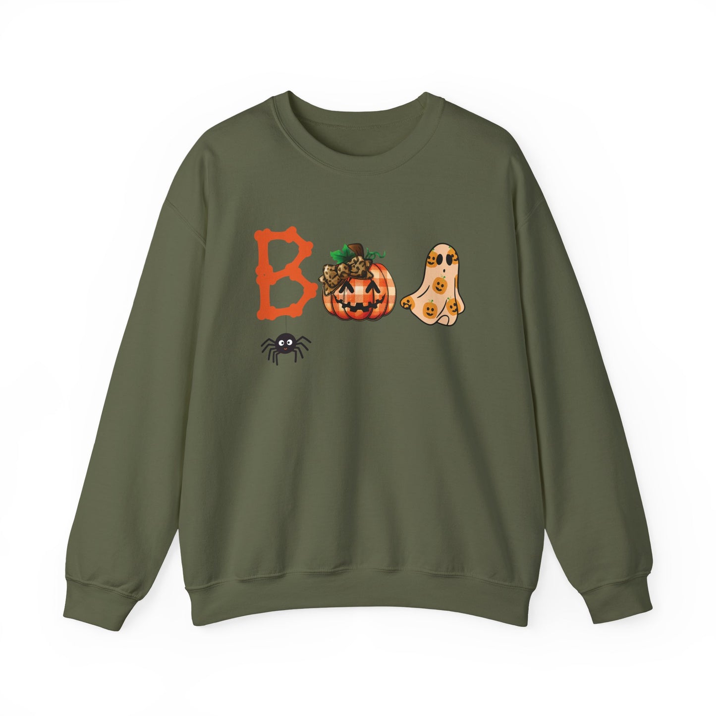 BOO Halloween Sweatshirt – Unisex Cozy Fall Crewneck with Pumpkin, Ghost & Spider Design