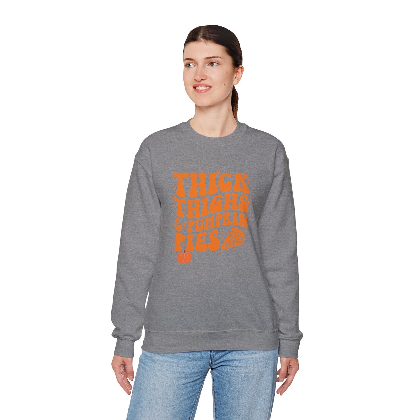 Thick Thighs & Pumpkin Pies Sweatshirt โ Funny Thanksgiving & Fall Crewneck
