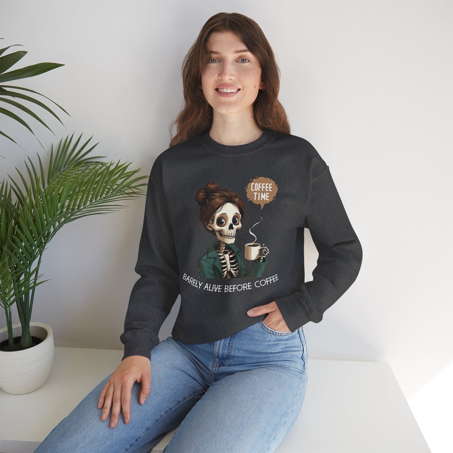Coffee Time Skeleton Sweatshirt – Funny Barely Alive Before Coffee Crewneck for Coffee Lovers
