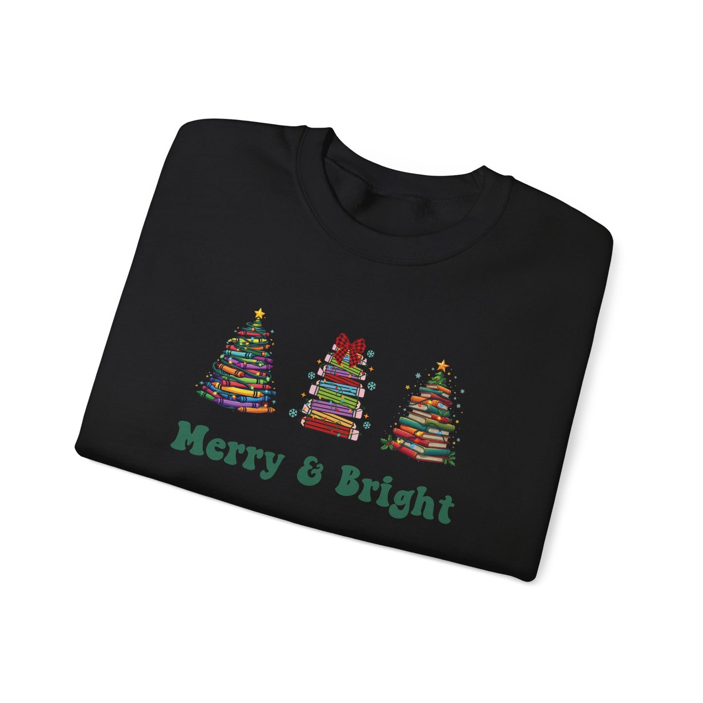 Merry & Bright Crayon, Pencil, and Book Christmas Sweatshirt | Cozy Unisex Holiday Crewneck