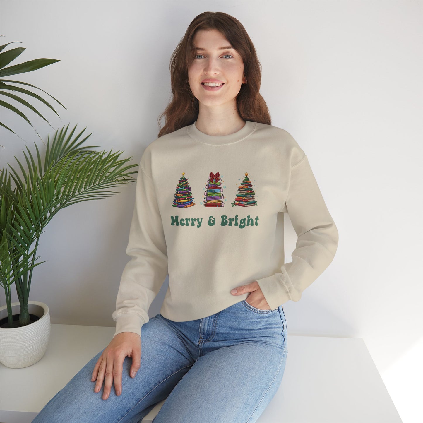 Merry & Bright Crayon, Pencil, and Book Christmas Sweatshirt | Cozy Unisex Holiday Crewneck