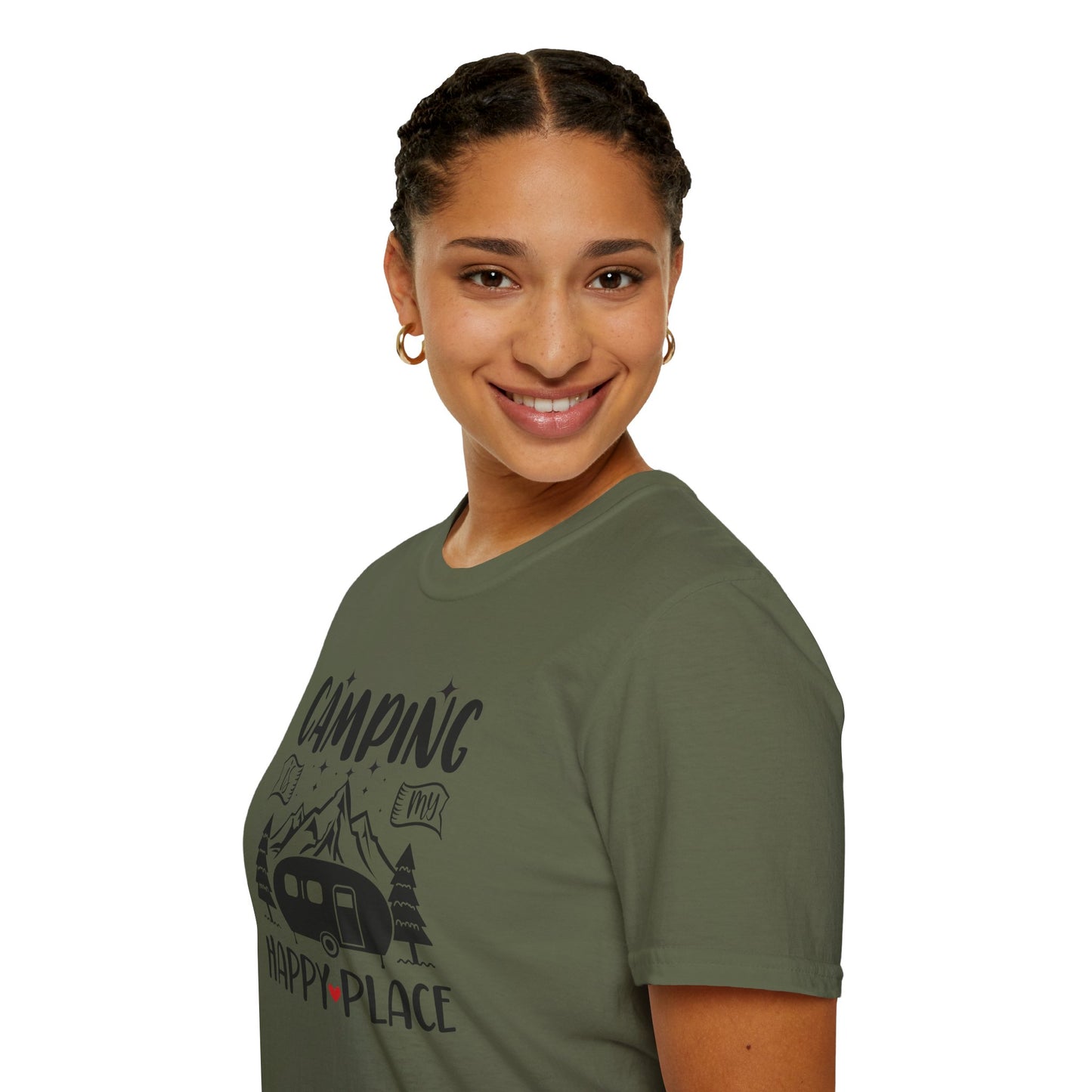 Camping Is My Happy Place – Unisex Softstyle Adventure T-Shirt for Outdoor Lovers