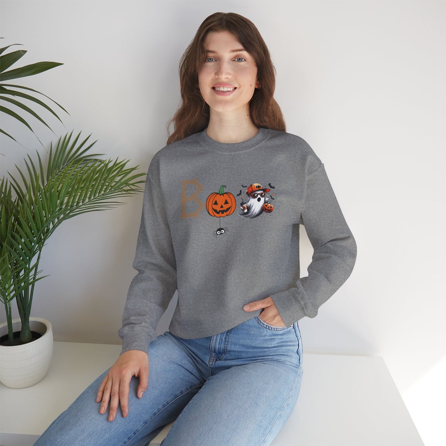 BOO Halloween Sweatshirt – Cute Ghost & Pumpkin Unisex Crewneck for Spooky Season