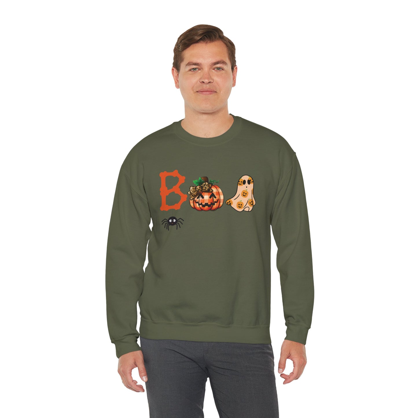 BOO Halloween Sweatshirt – Unisex Cozy Fall Crewneck with Pumpkin, Ghost & Spider Design