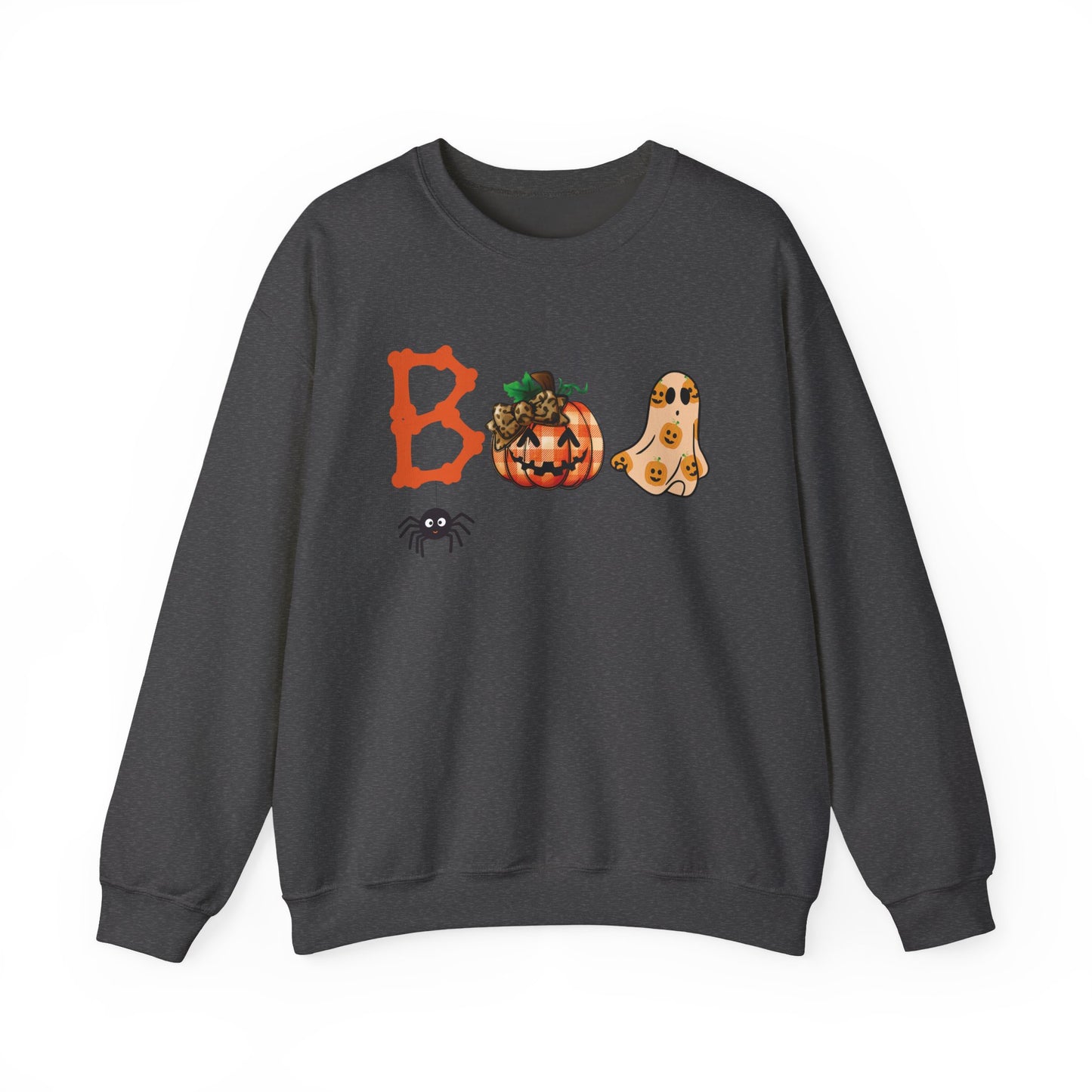 BOO Halloween Sweatshirt – Unisex Cozy Fall Crewneck with Pumpkin, Ghost & Spider Design