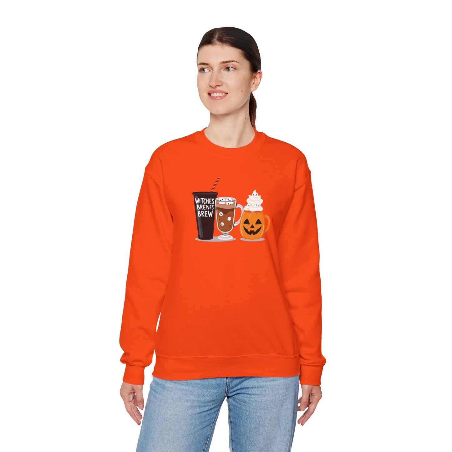 Witches Brew Halloween Sweatshirt – Cozy Unisex Fall Crewneck with Pumpkin & Coffee Design