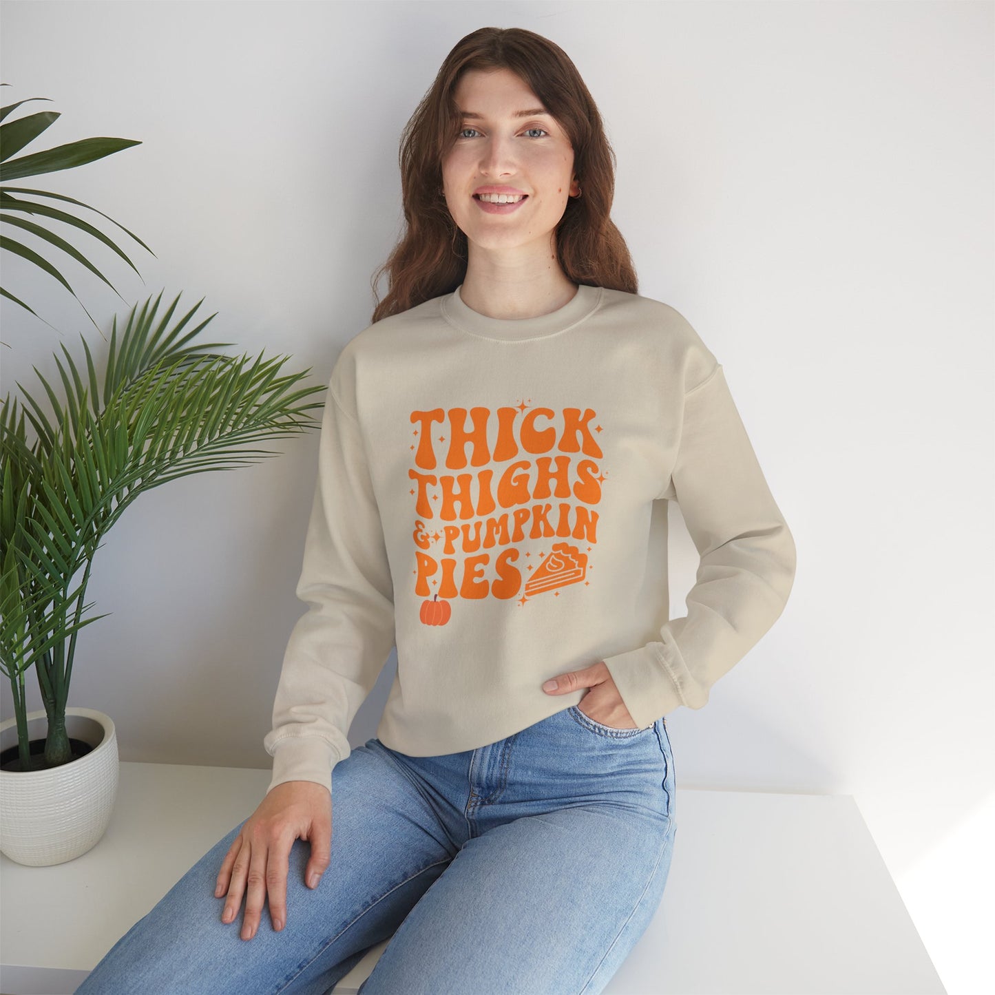 Thick Thighs & Pumpkin Pies Sweatshirt โ Funny Thanksgiving & Fall Crewneck