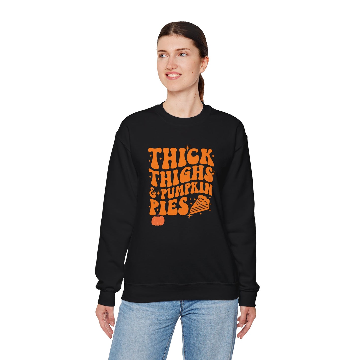 Thick Thighs & Pumpkin Pies Sweatshirt โ Funny Thanksgiving & Fall Crewneck