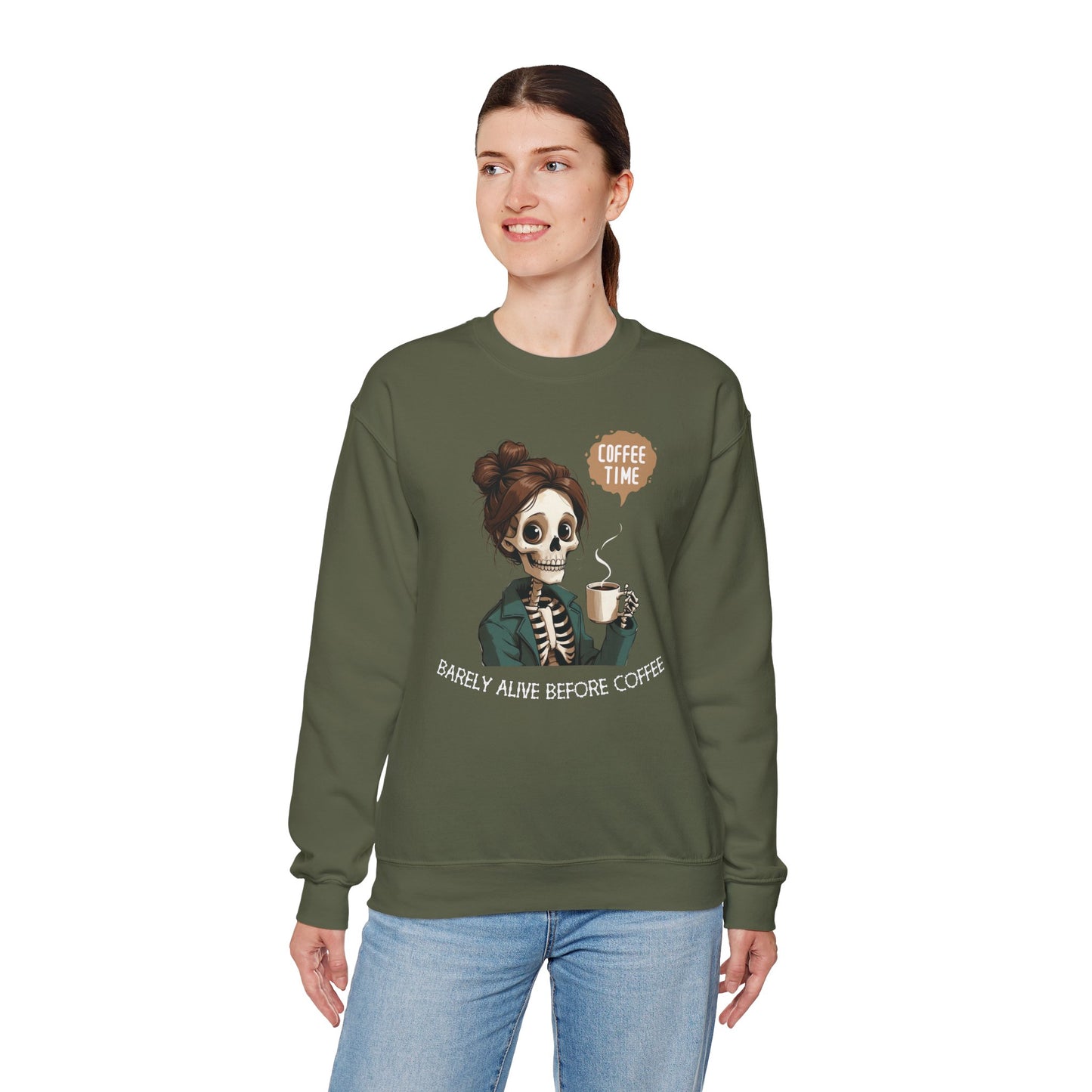 Coffee Time Skeleton Sweatshirt – Funny Barely Alive Before Coffee Crewneck for Coffee Lovers