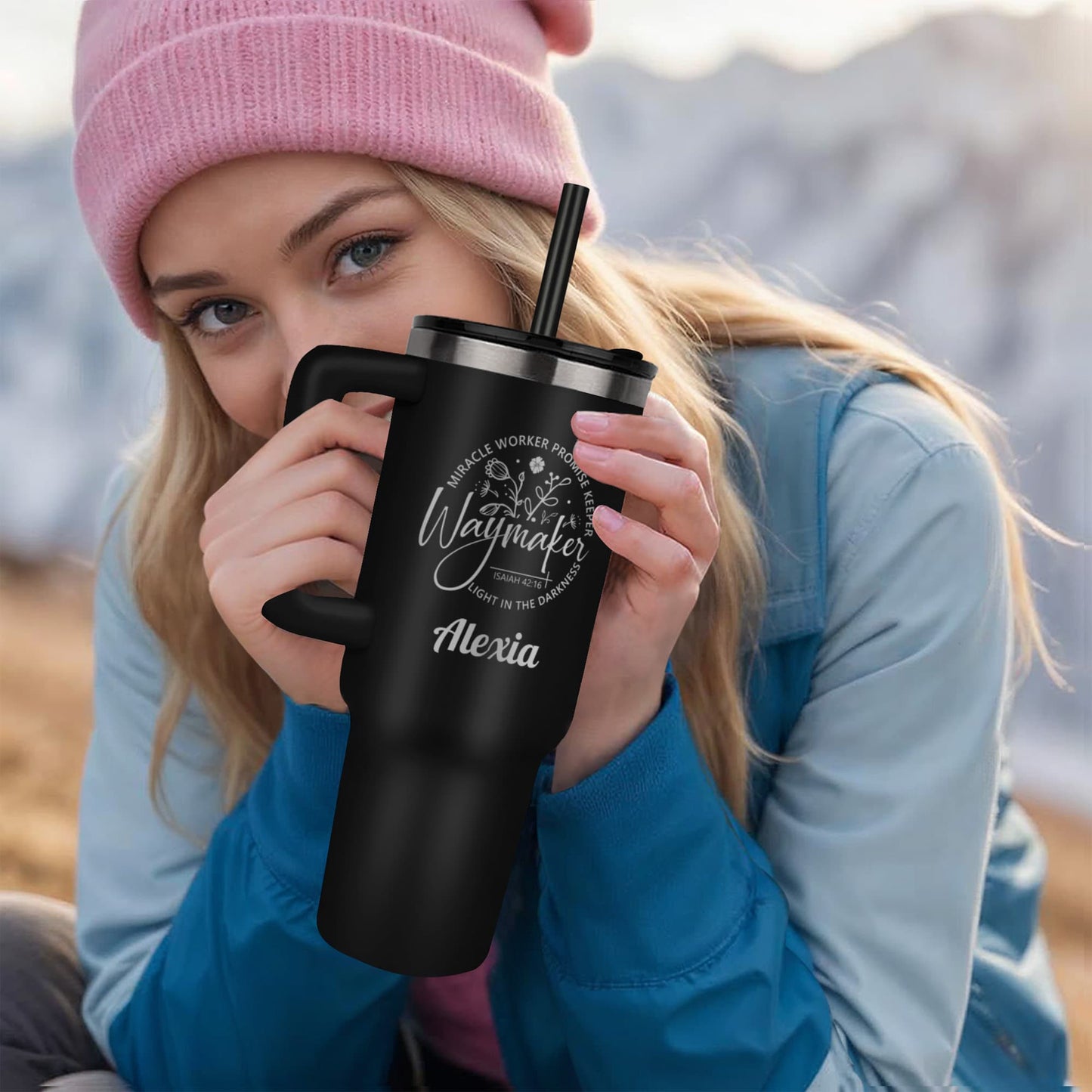 Personalized 40oz stainless steel WayMaker tumbler with custom name, featuring laser-engraved design, matte finish, handle, and spill-proof lid
