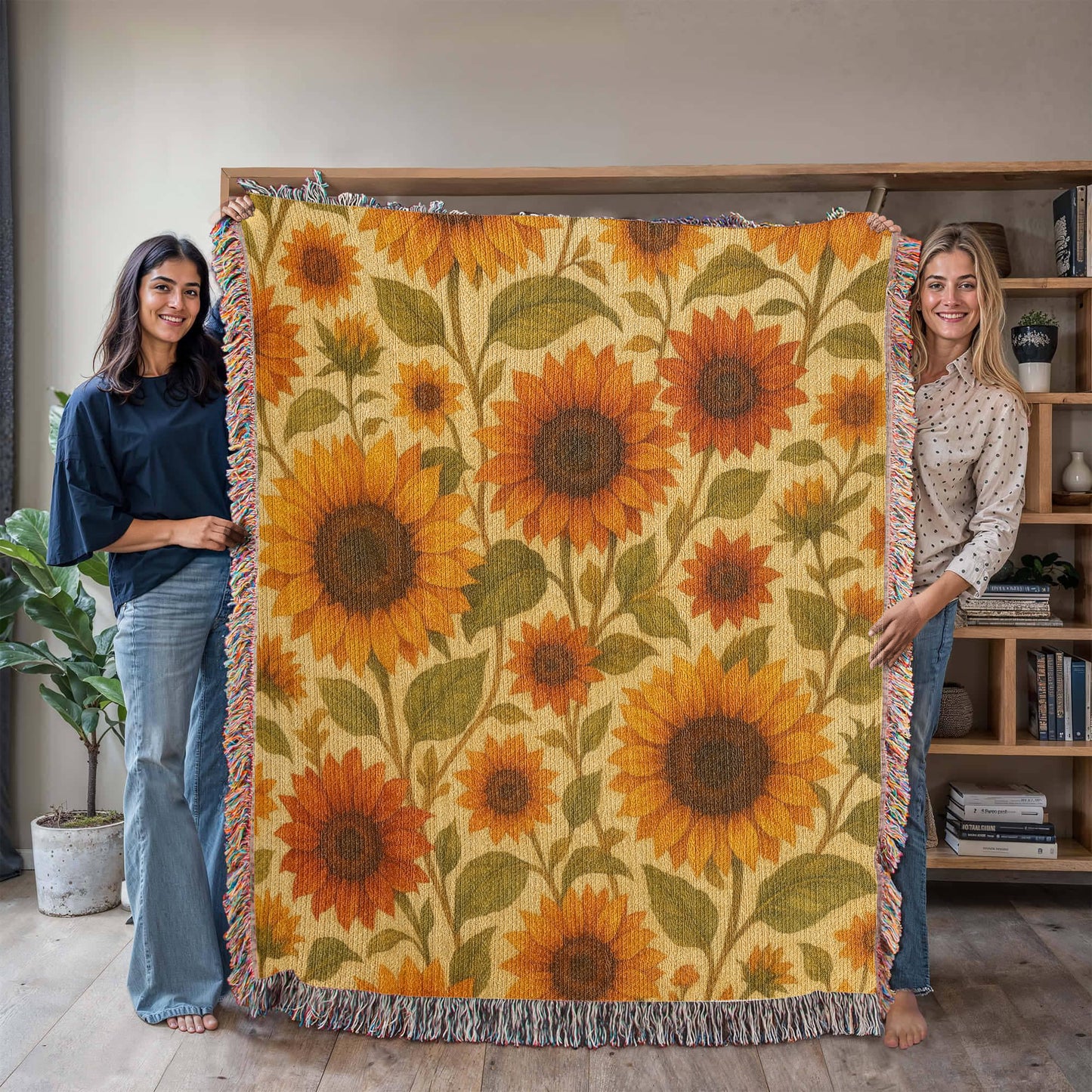 Sunflower Woven Blanket - Heirloom Cotton Throw with Fringe