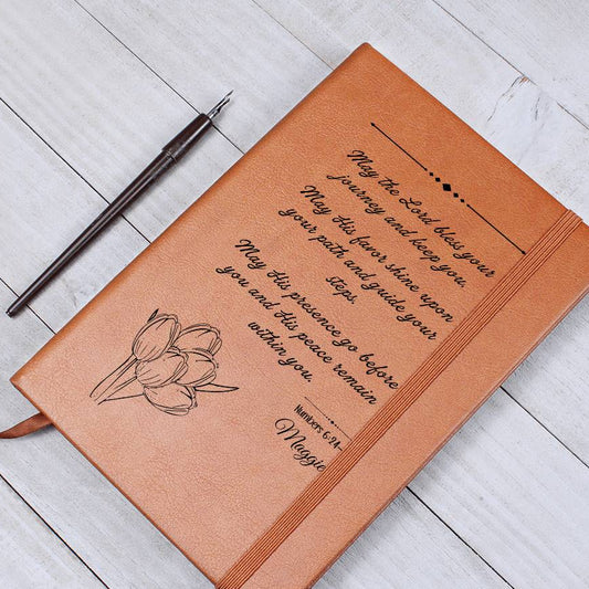 Personalized Christian Leather Journal Tulips– Numbers 6:24-27 Blessing Notebook | Graduation Gift, Birthday Gift, Faith Journal, Vegan Leather Journal