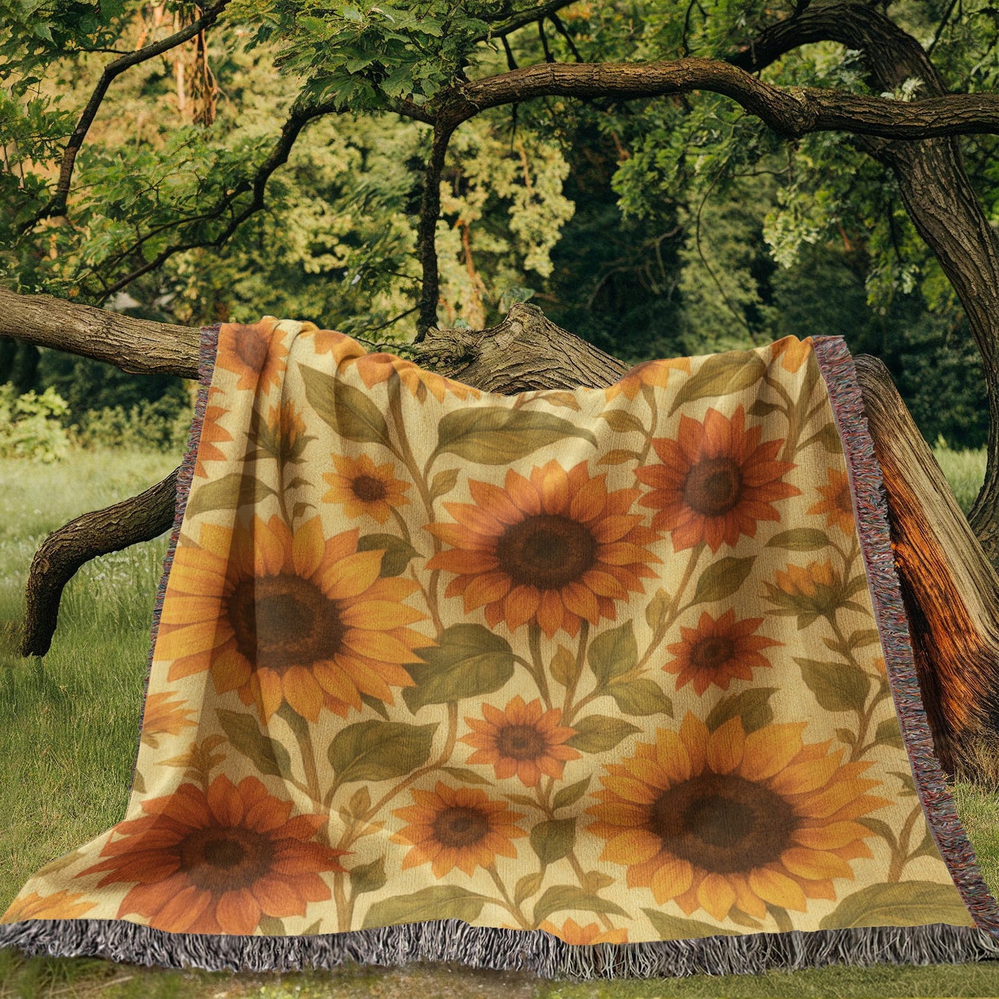 Sunflower Woven Blanket - Heirloom Cotton Throw with Fringe