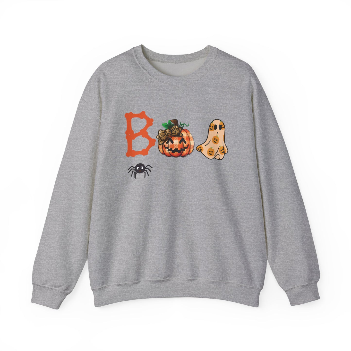 BOO Halloween Sweatshirt – Unisex Cozy Fall Crewneck with Pumpkin, Ghost & Spider Design
