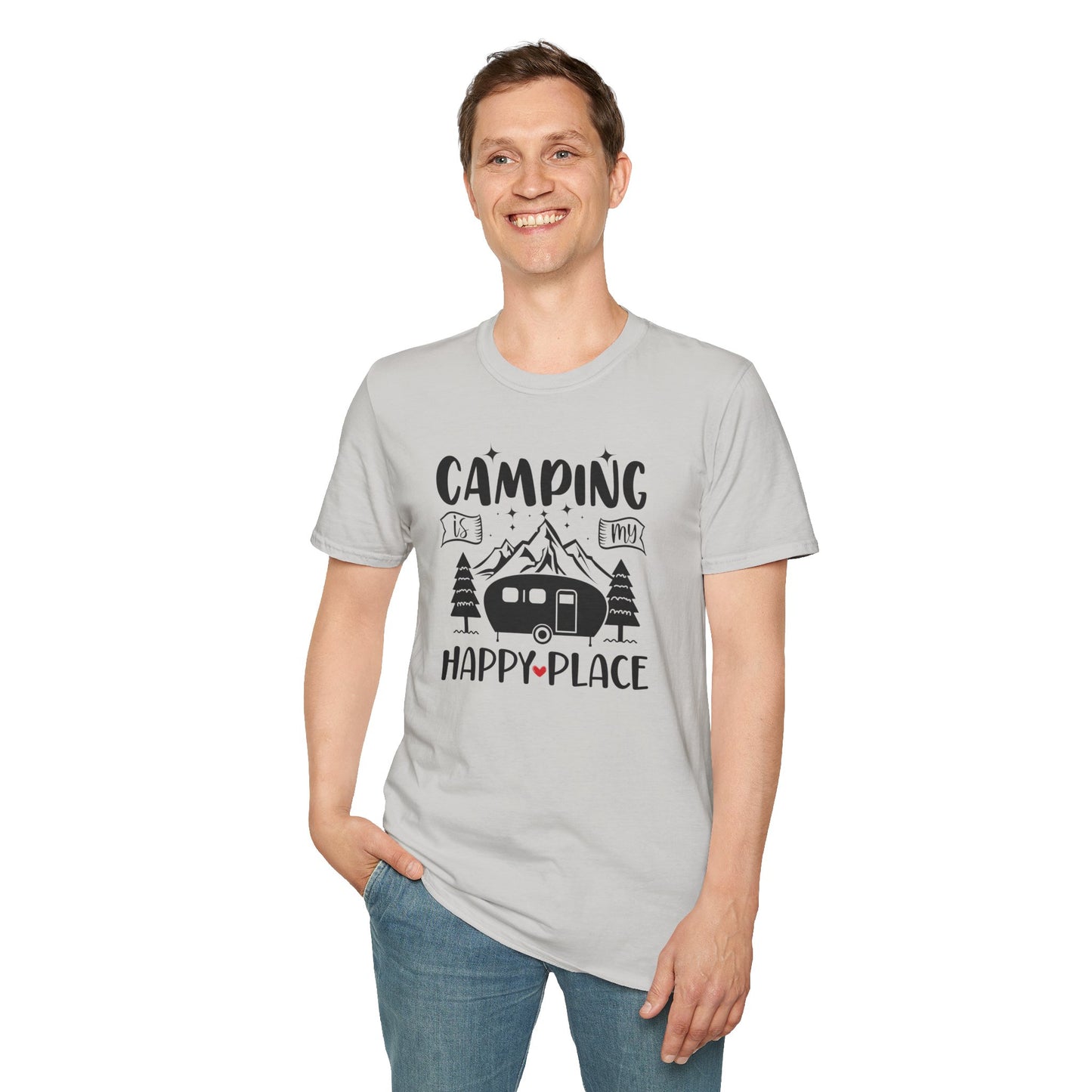 Camping Is My Happy Place – Unisex Softstyle Adventure T-Shirt for Outdoor Lovers