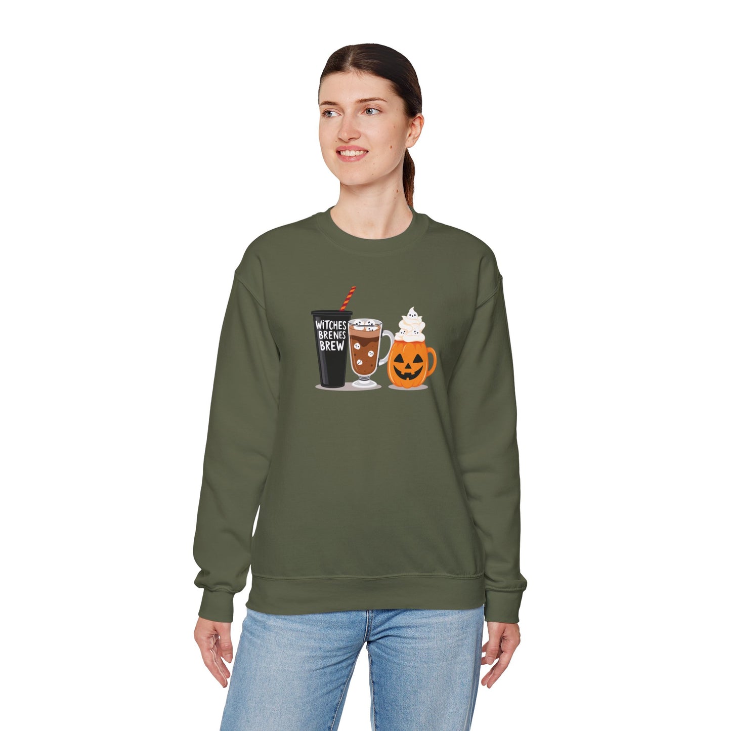 Witches Brew Halloween Sweatshirt – Cozy Unisex Fall Crewneck with Pumpkin & Coffee Design