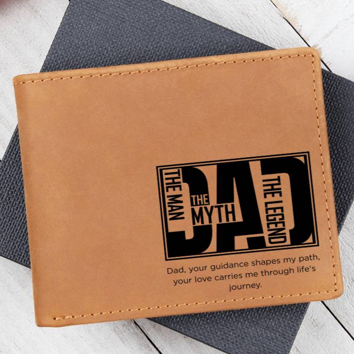 Brown leather wallet for Dad with sentimental printed message – “Dad, your guidance shapes my path, your love carries me through life’s journey