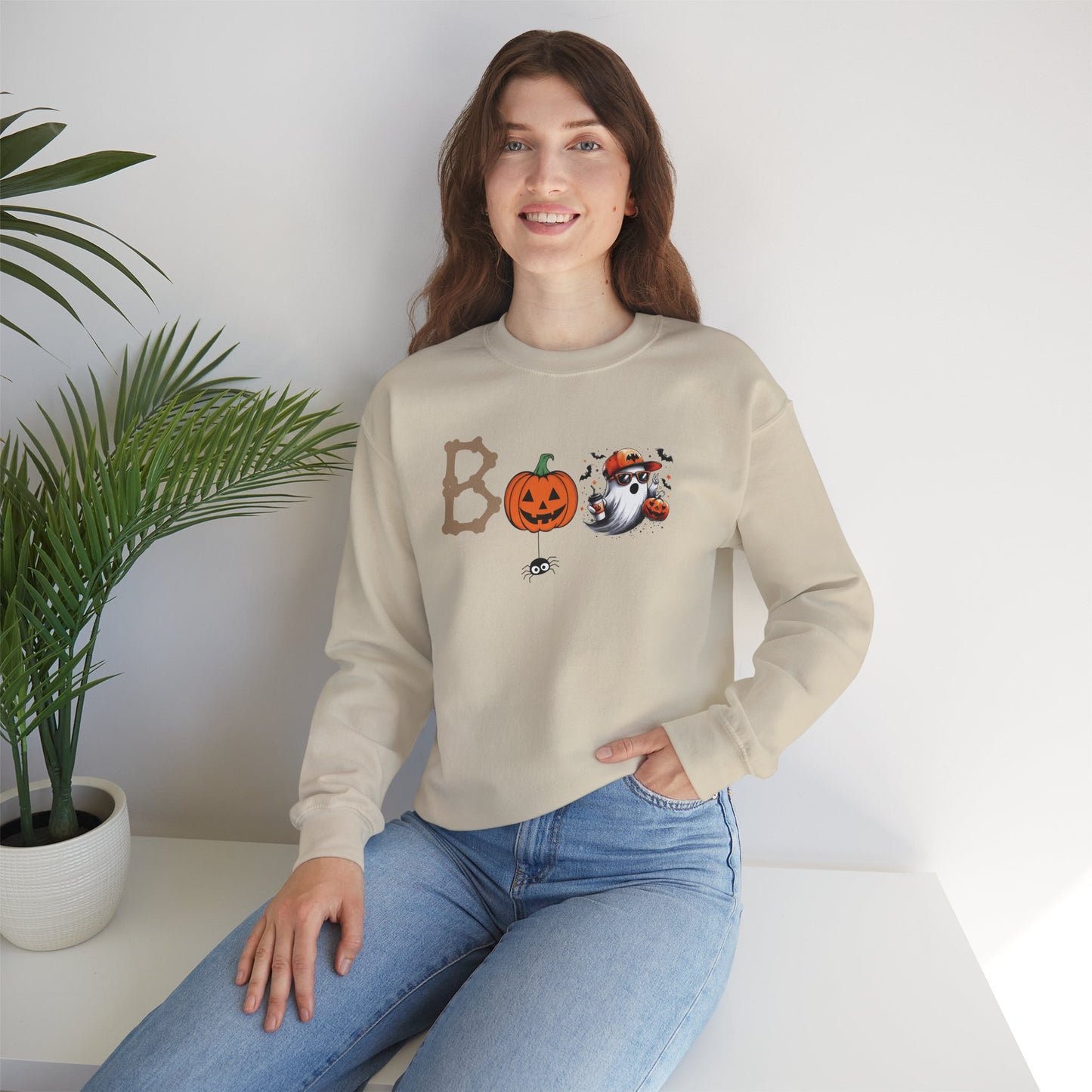 BOO Halloween Sweatshirt – Cute Ghost & Pumpkin Unisex Crewneck for Spooky Season