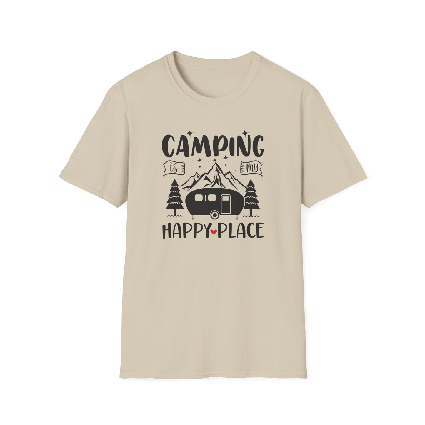 Camping Is My Happy Place – Unisex Softstyle Adventure T-Shirt for Outdoor Lovers