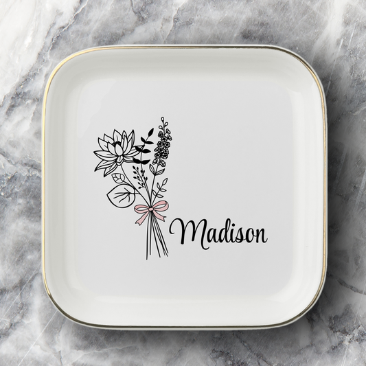 Personalized Ceramic Jewelry Dish – Custom Name Floral Trinket Tray
