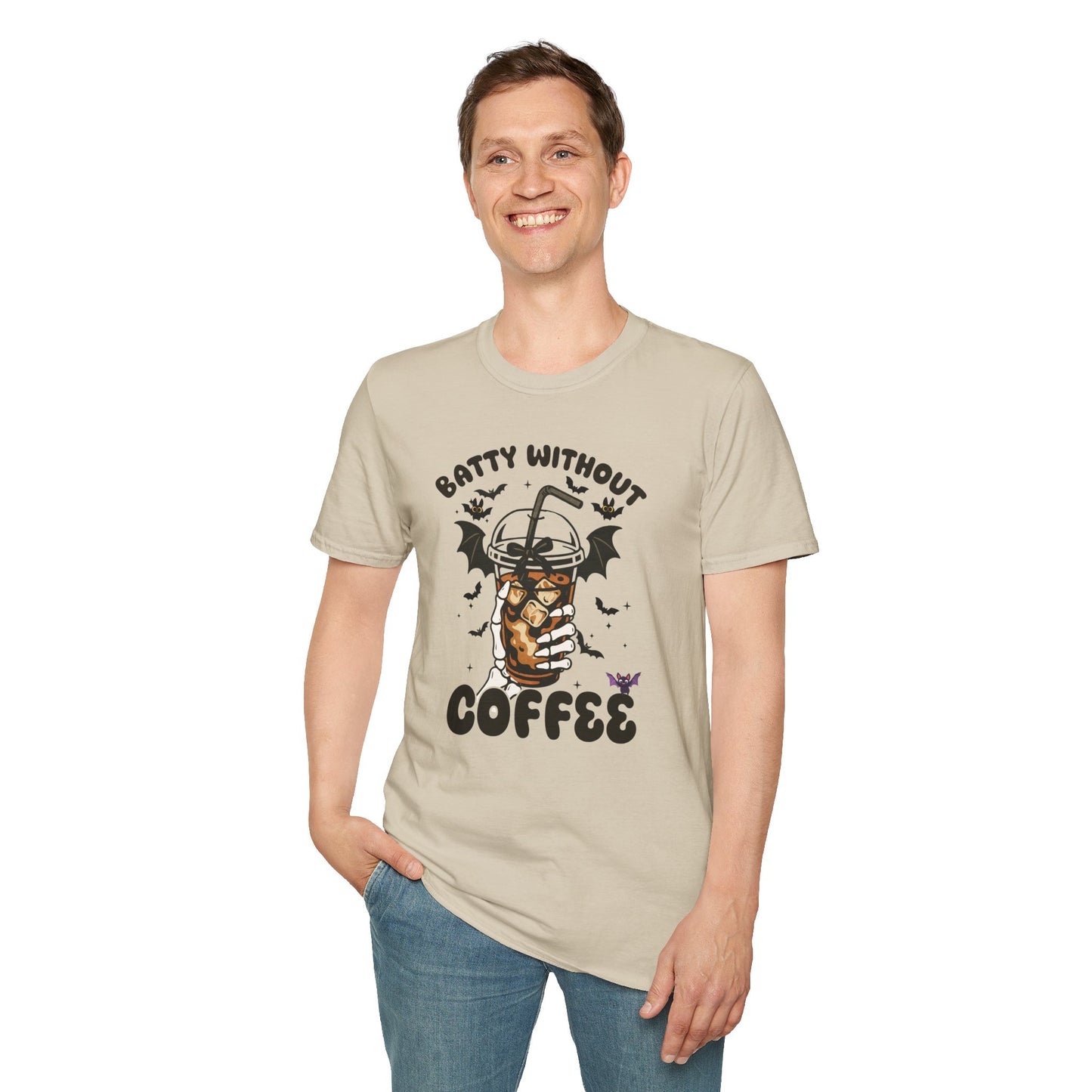 Batty Without Coffee Halloween T-Shirt - Funny Coffee Lover Unisex Tee - Spooky Skeleton Design