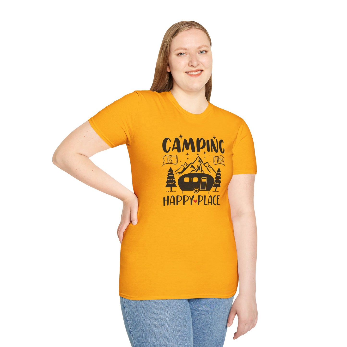 Camping Is My Happy Place – Unisex Softstyle Adventure T-Shirt for Outdoor Lovers