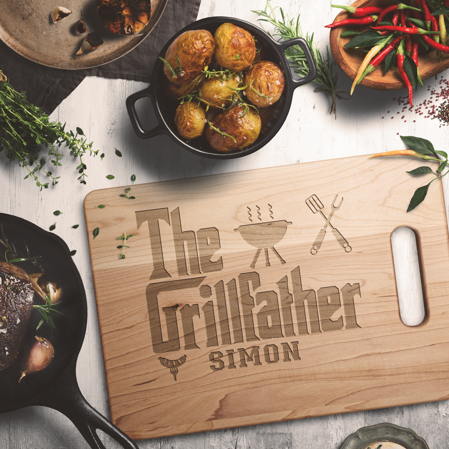Personalized maple cutting board engraved with "The GrillFather" and custom name – handcrafted BBQ gift for dad or husband, made in the USA