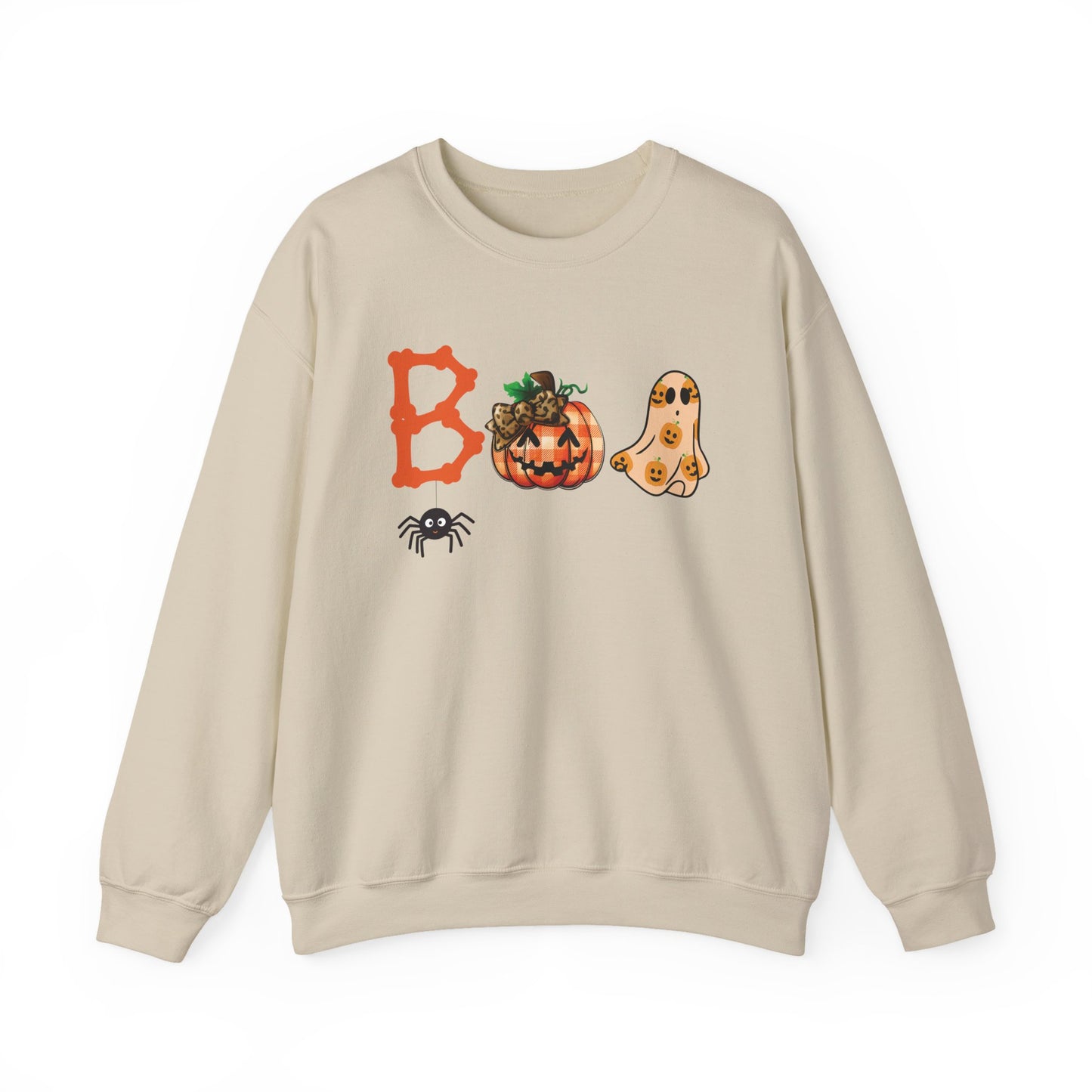BOO Halloween Sweatshirt – Unisex Cozy Fall Crewneck with Pumpkin, Ghost & Spider Design