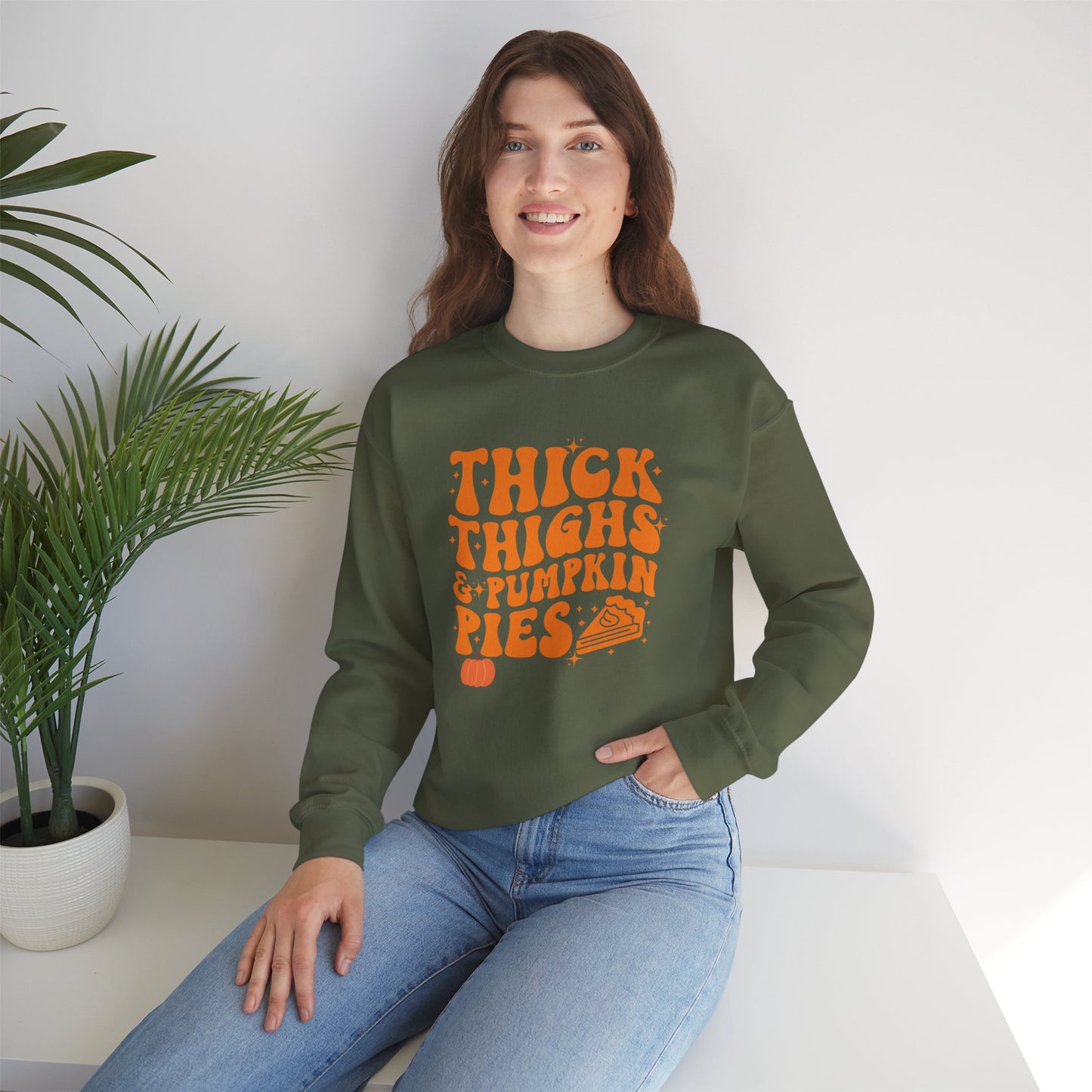Thick Thighs & Pumpkin Pies Sweatshirt โ Funny Thanksgiving & Fall Crewneck