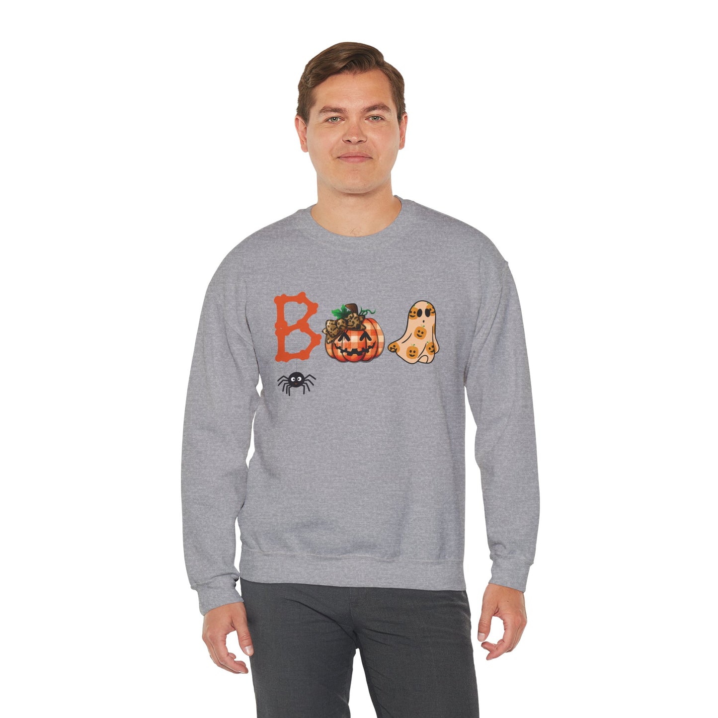 BOO Halloween Sweatshirt – Unisex Cozy Fall Crewneck with Pumpkin, Ghost & Spider Design