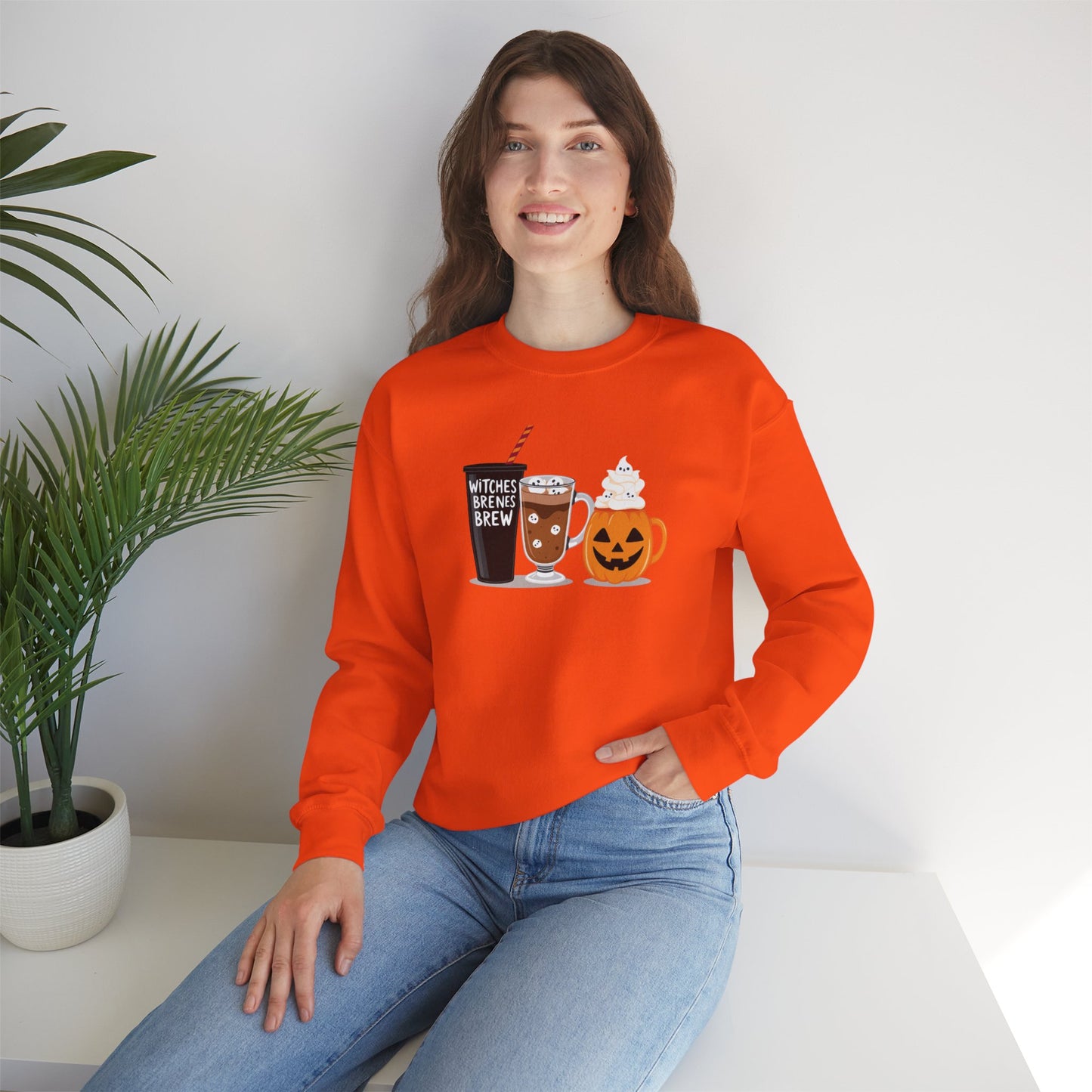 Witches Brew Halloween Sweatshirt – Cozy Unisex Fall Crewneck with Pumpkin & Coffee Design