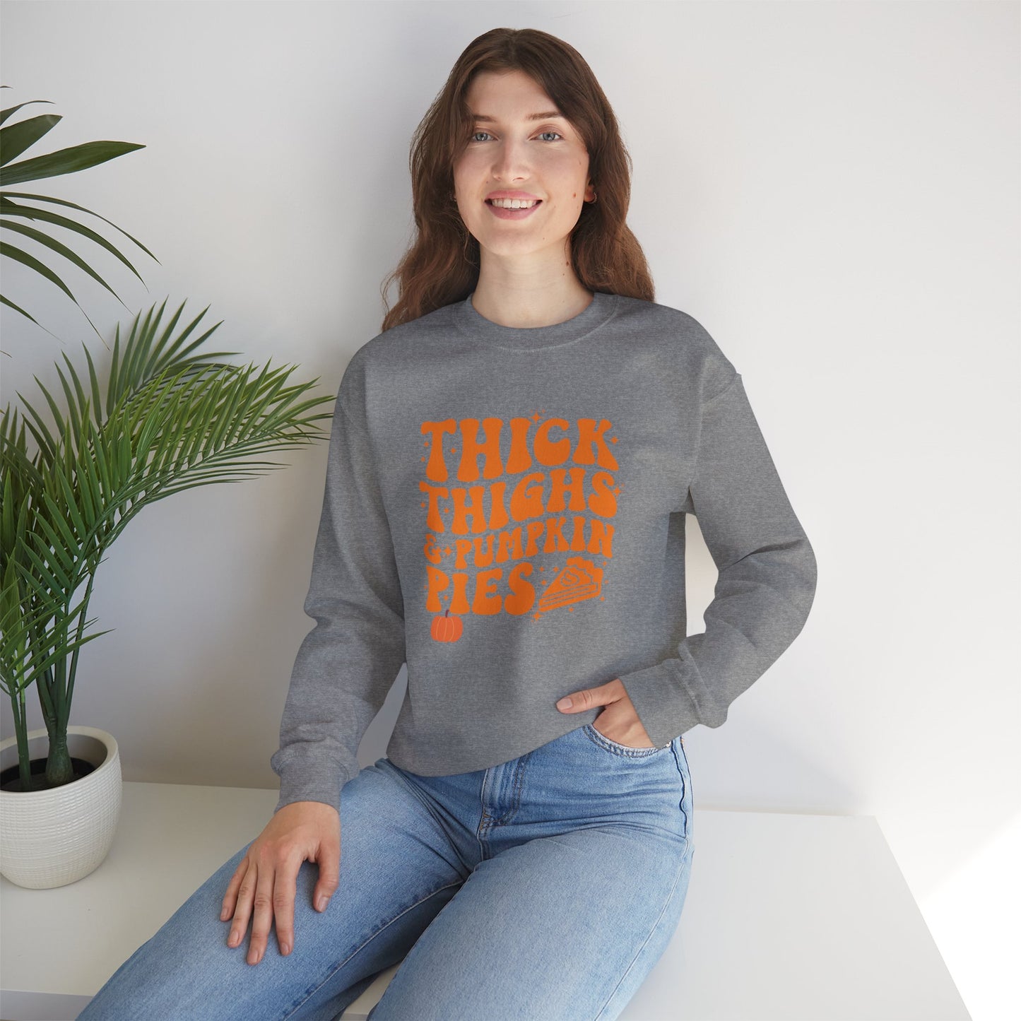 Thick Thighs & Pumpkin Pies Sweatshirt โ Funny Thanksgiving & Fall Crewneck