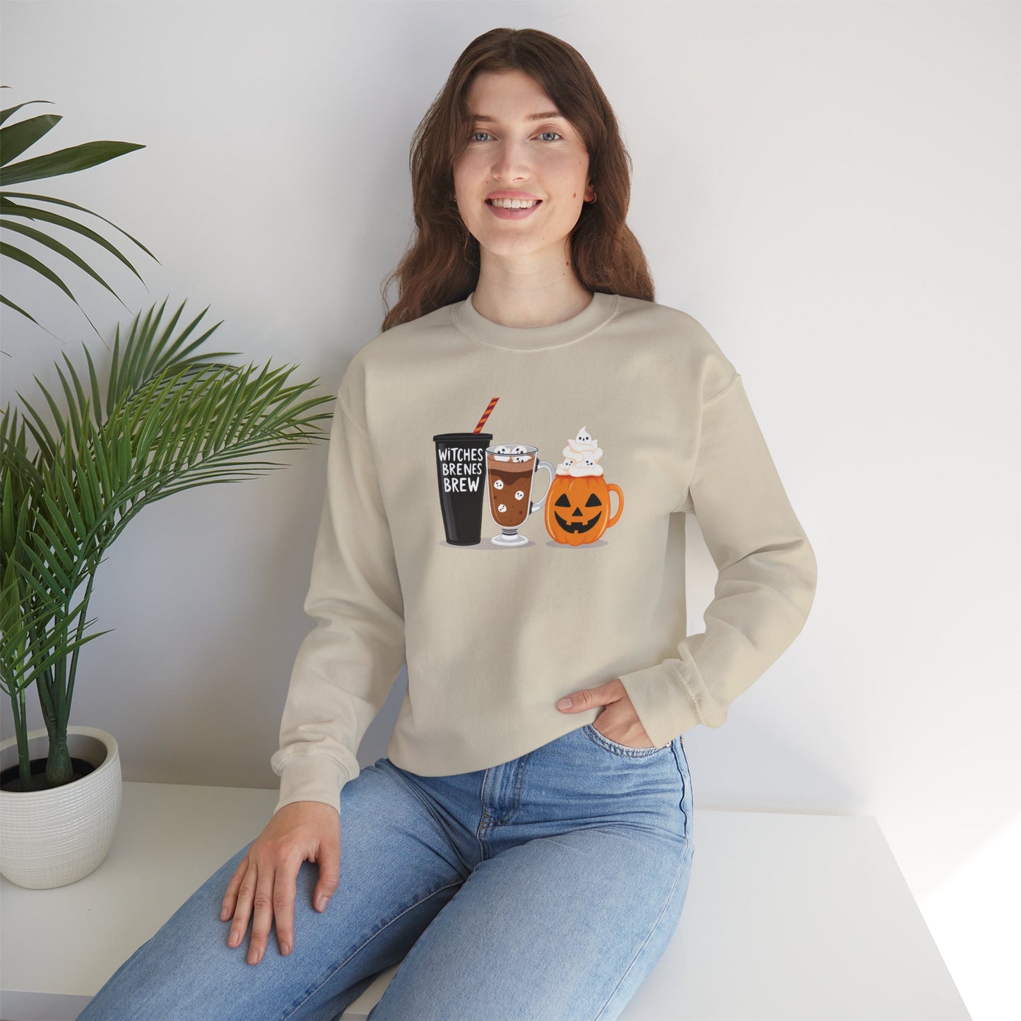 Witches Brew Halloween Sweatshirt – Cozy Unisex Fall Crewneck with Pumpkin & Coffee Design