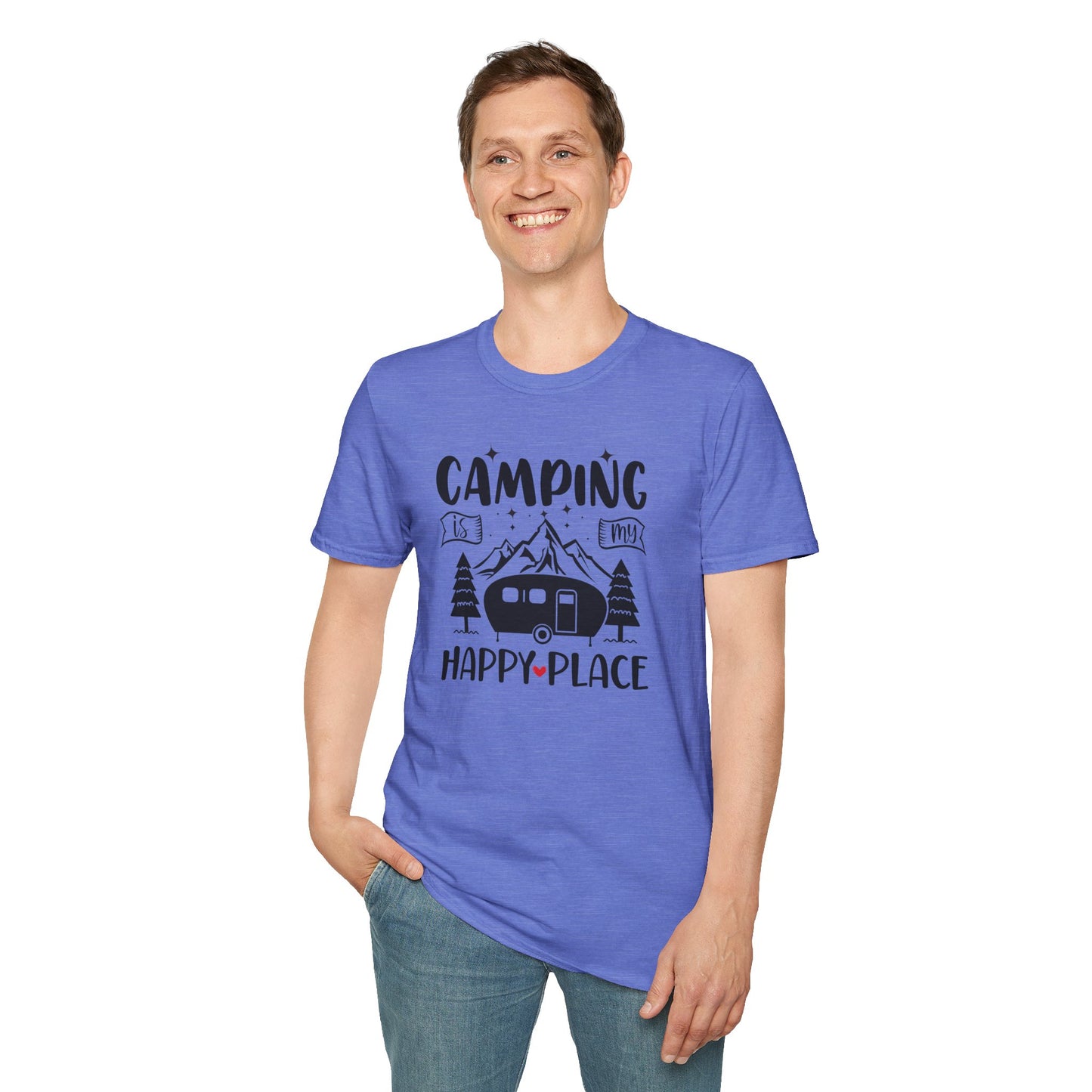 Camping Is My Happy Place – Unisex Softstyle Adventure T-Shirt for Outdoor Lovers