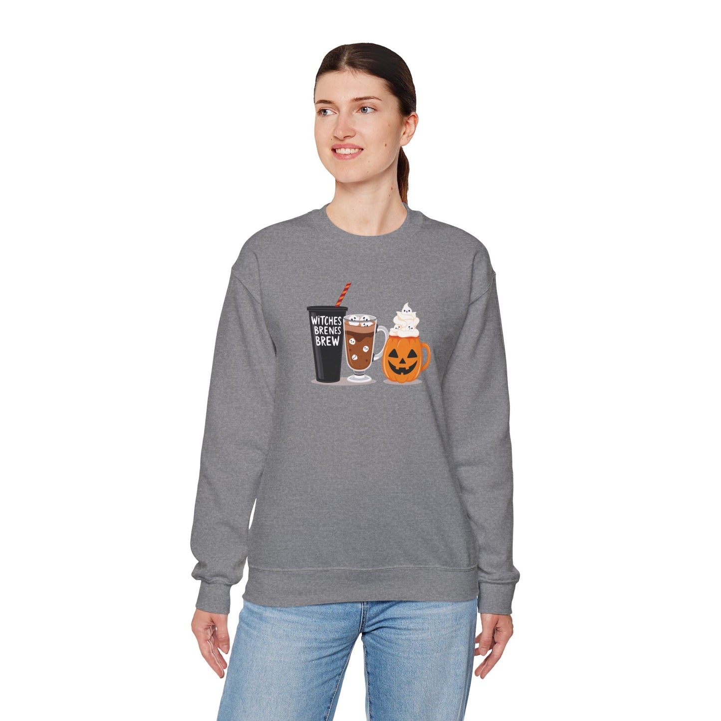 Witches Brew Halloween Sweatshirt – Cozy Unisex Fall Crewneck with Pumpkin & Coffee Design