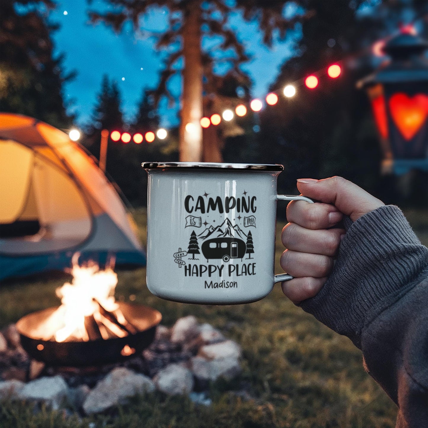 "Personalized 12oz stainless steel camping mug with enamel coating and rounded rim, perfect for outdoor coffee adventures and hiking trips. Custom-engraved name option available."