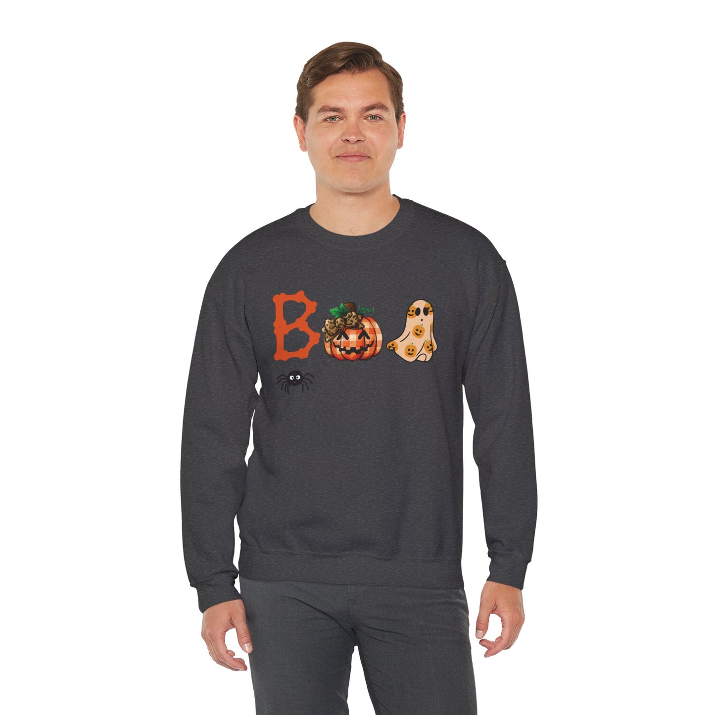 BOO Halloween Sweatshirt – Unisex Cozy Fall Crewneck with Pumpkin, Ghost & Spider Design