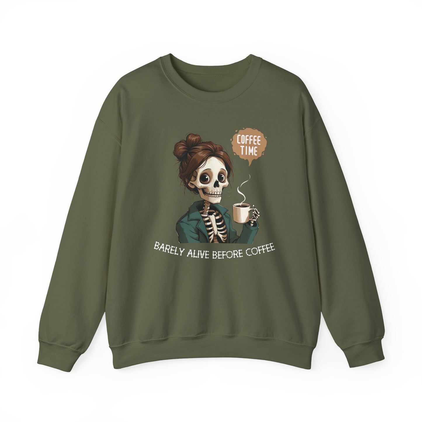 Coffee Time Skeleton Sweatshirt – Funny Barely Alive Before Coffee Crewneck for Coffee Lovers