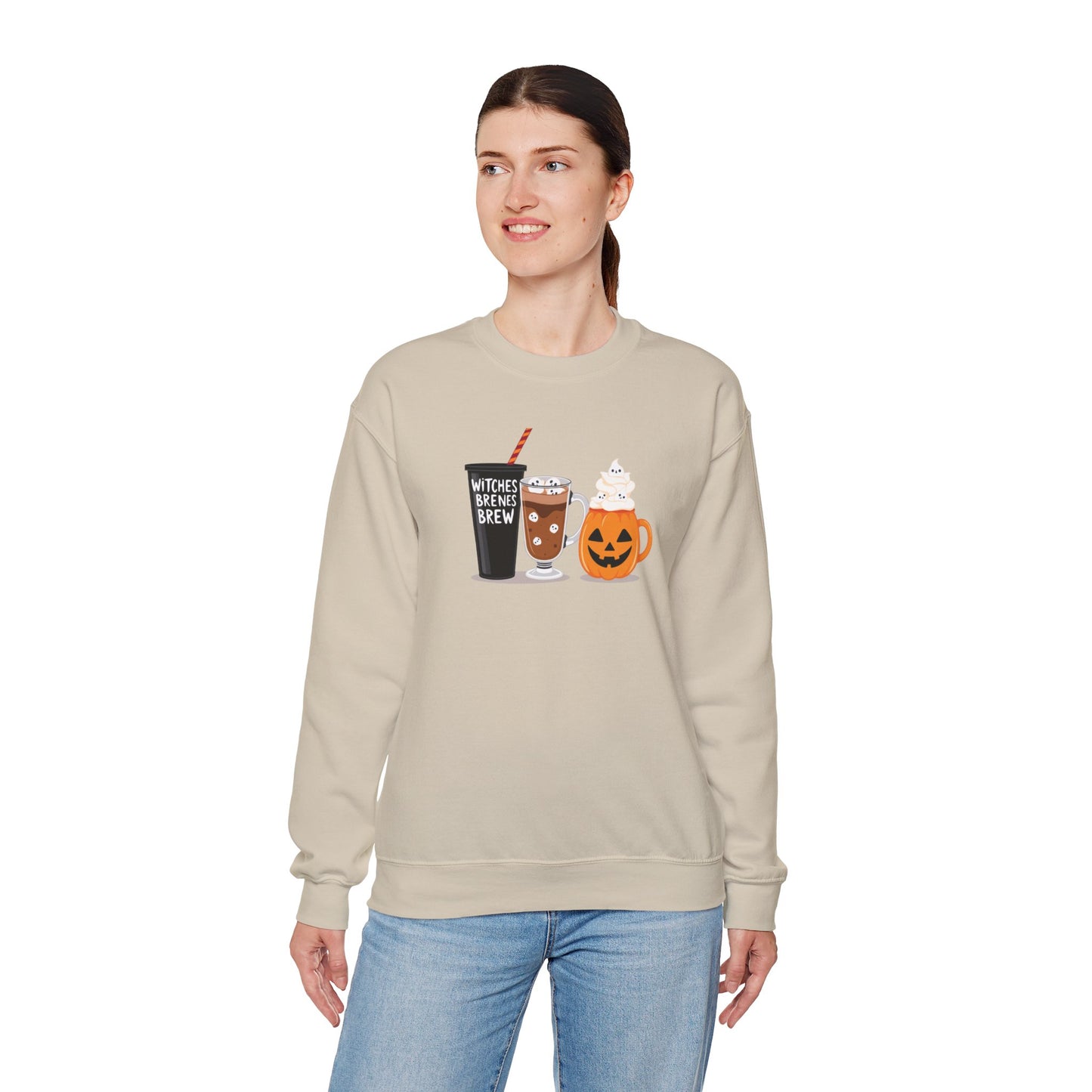 Witches Brew Halloween Sweatshirt – Cozy Unisex Fall Crewneck with Pumpkin & Coffee Design