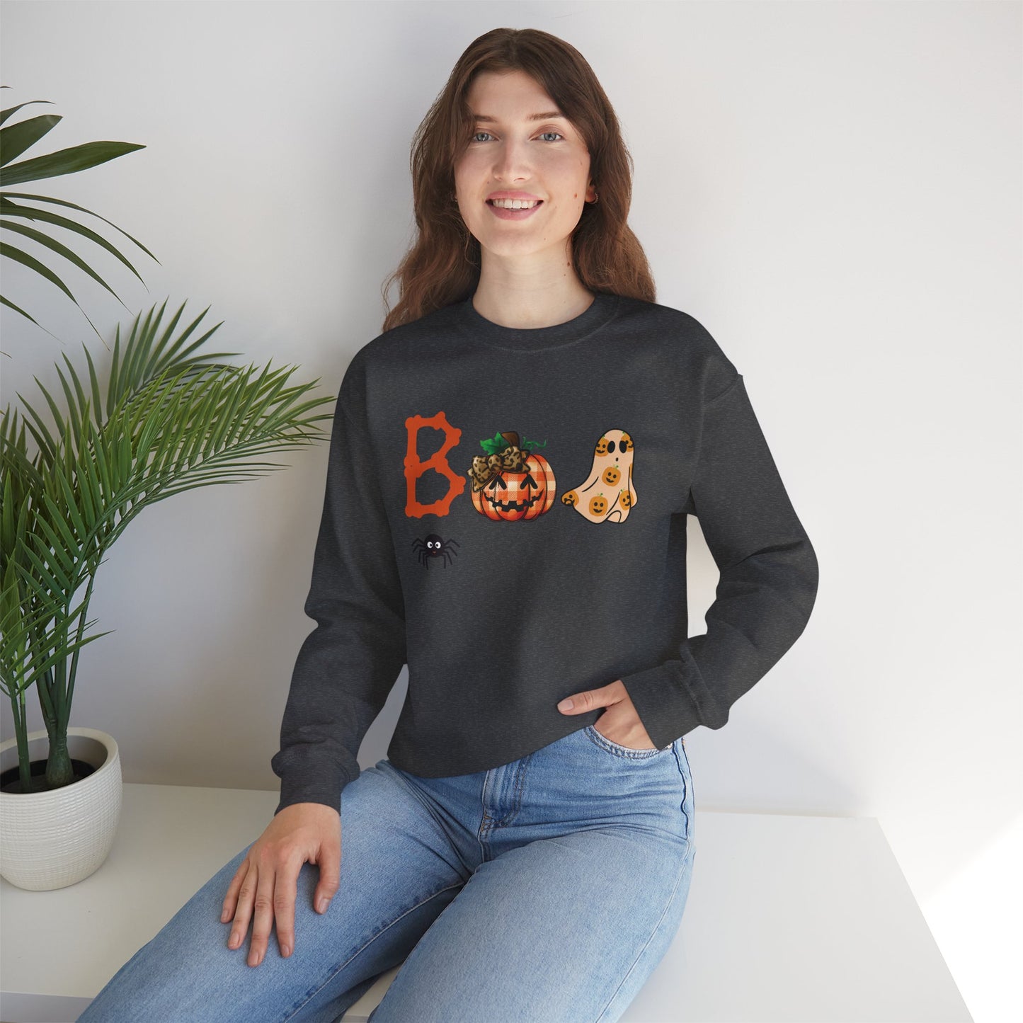 BOO Halloween Sweatshirt – Unisex Cozy Fall Crewneck with Pumpkin, Ghost & Spider Design