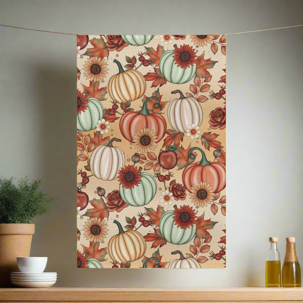 Kitchen Tea Towel with Fall Leaves and Sunflowers