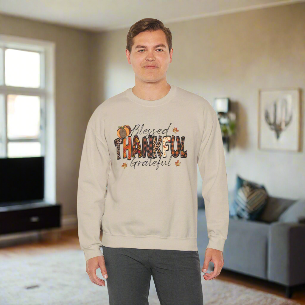 Blessed Thankful Grateful Crewneck Sweatshirt – Cozy Fall Thanksgiving Sweater