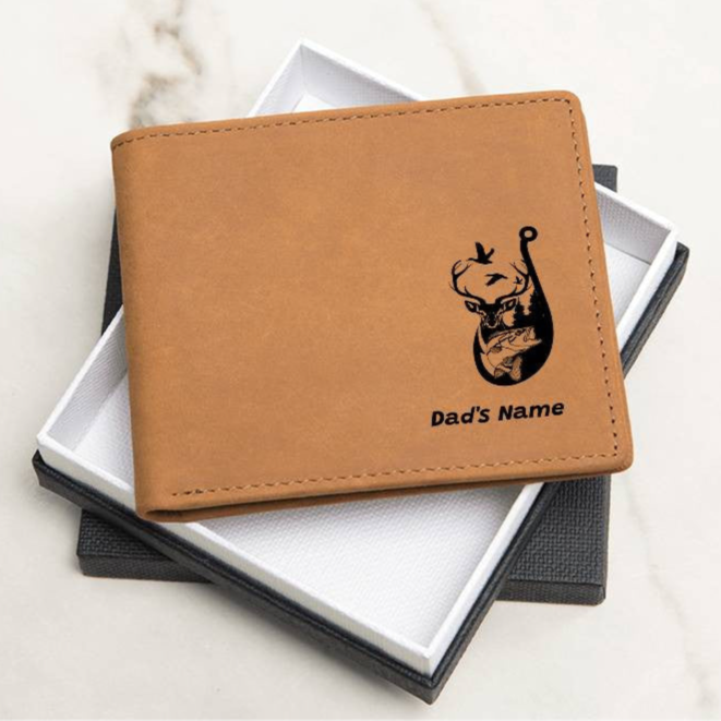 Personalized Leather Wallet with Outdoors Design – Fish, Deer, and Ducks
