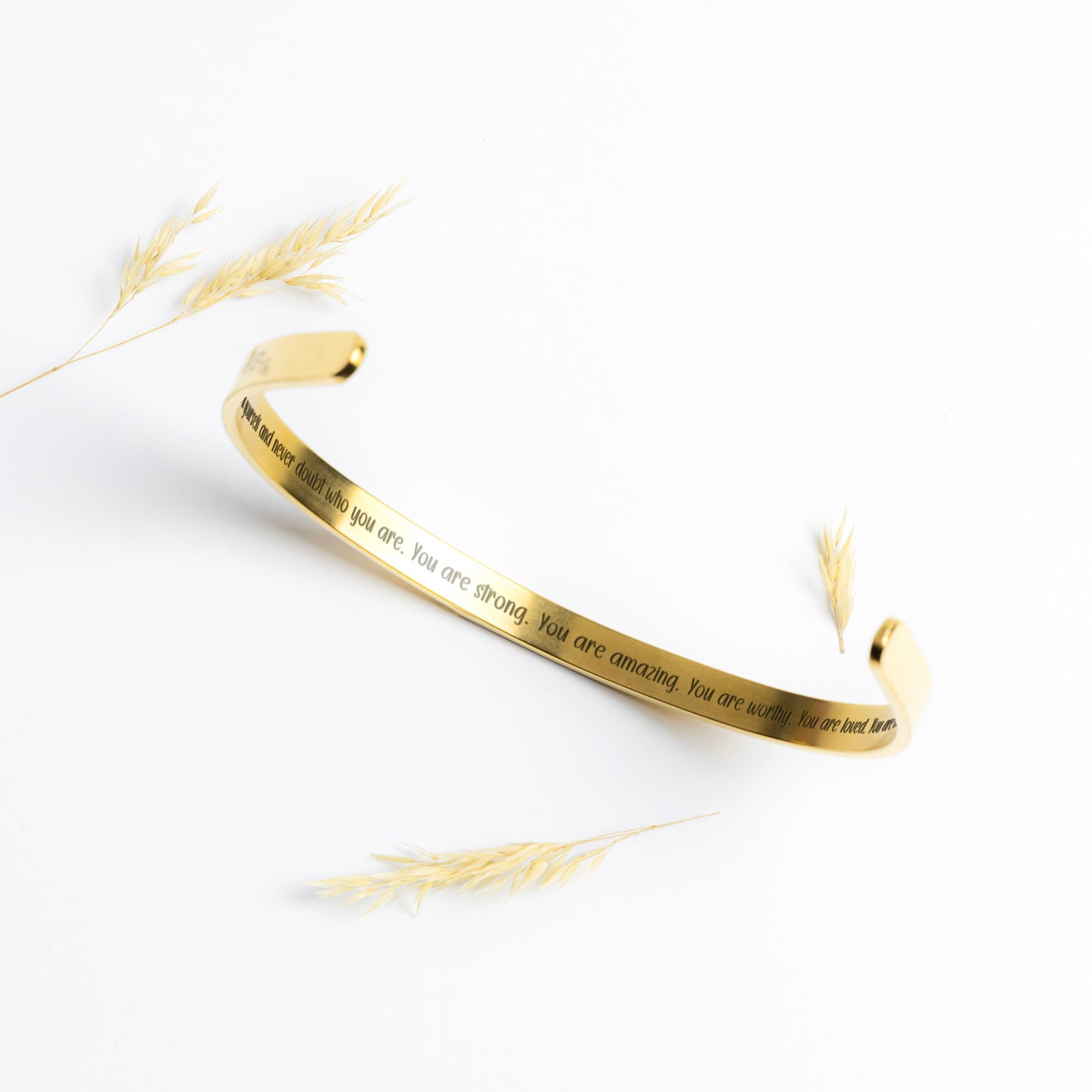 Inspirational Cuff Bracelet - "Believe in Yourself" Engraved Stainless Steel in Gold, Rose Gold, Silver