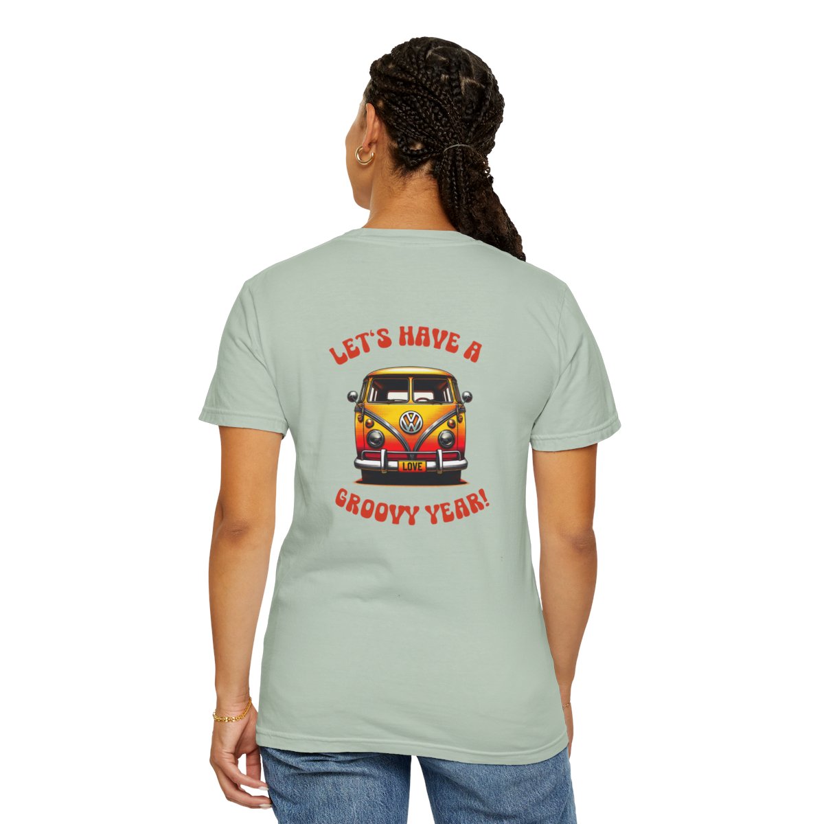 "Back of Comfort Colors teacher t-shirt with retro van and 'Let’s Have a Groovy Year' text – perfect for back-to-school"