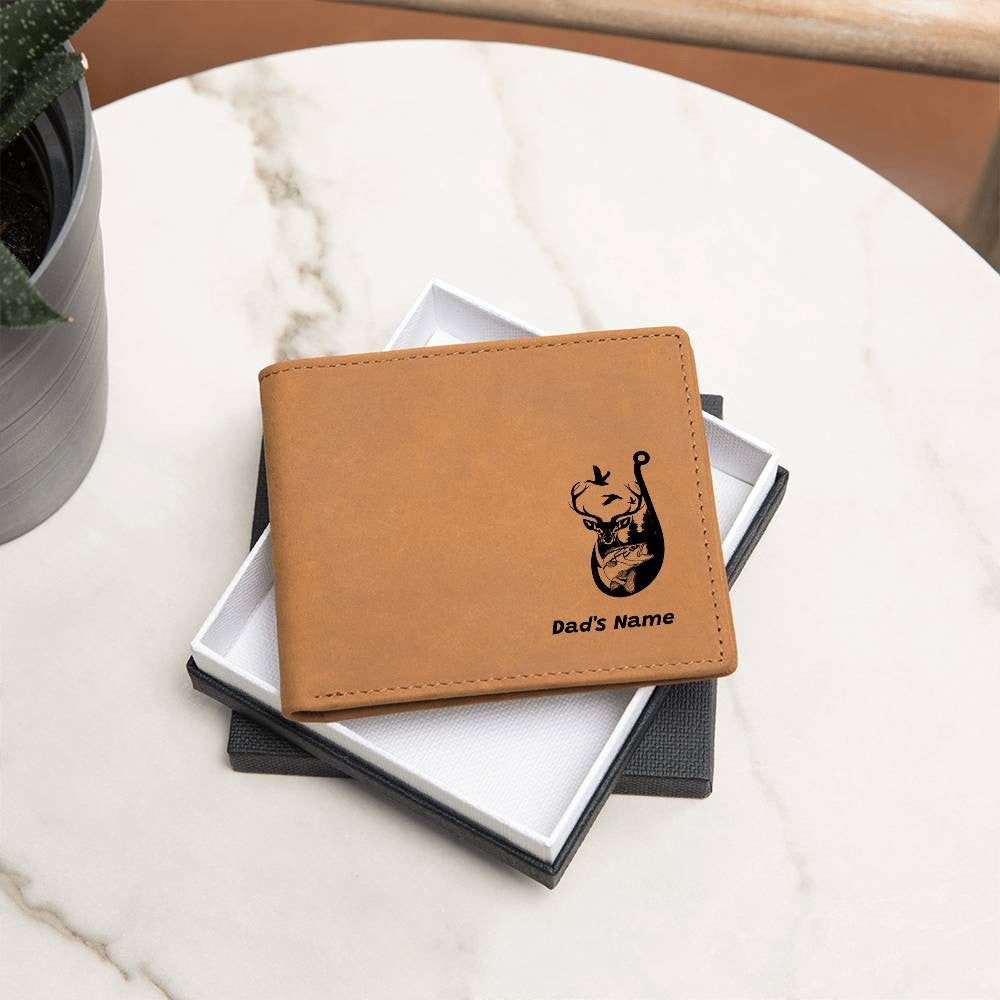 Personalized Leather Wallet with Outdoors Design – Fish, Deer, and Ducks