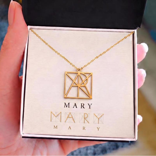 Custom Geometric Monogram Necklace with Name Message Card | Personalized Name Pendant | 18K Gold or Stainless Steel Gift for Her